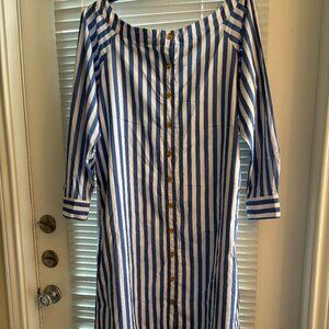 Blue & White Striped Button Front Shirt Dress with Tie Belt